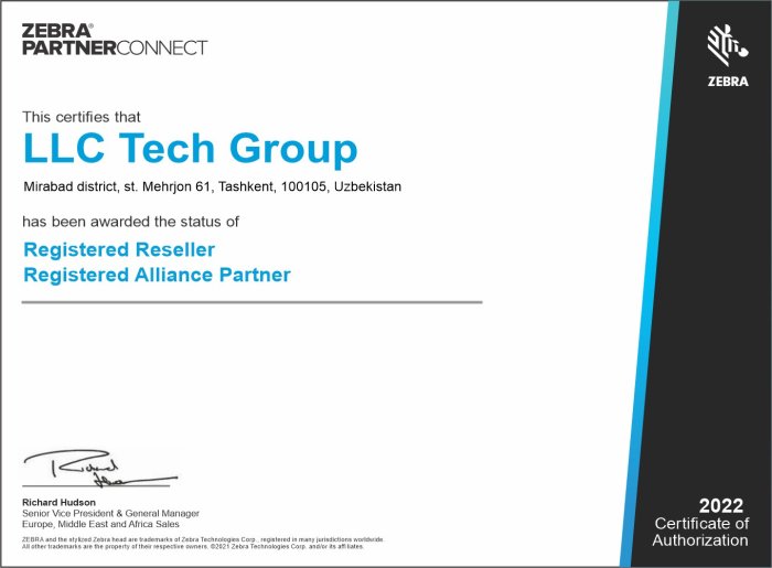 Компания “Tech-Group” получила сертификат партнера от “Zebra Technologies”.